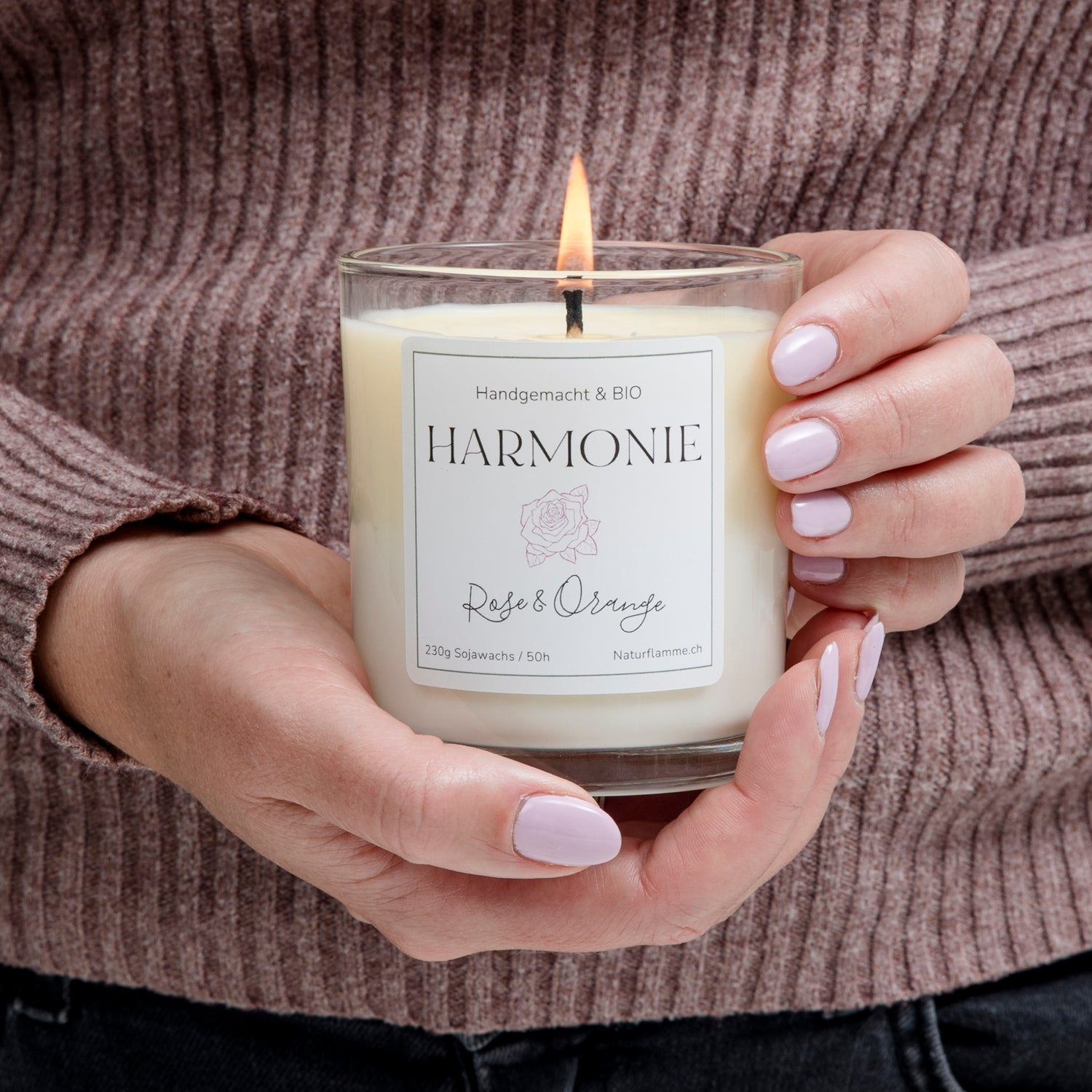 Zweifarbige Duftkerze «Harmonie» Rose & Orange Bio