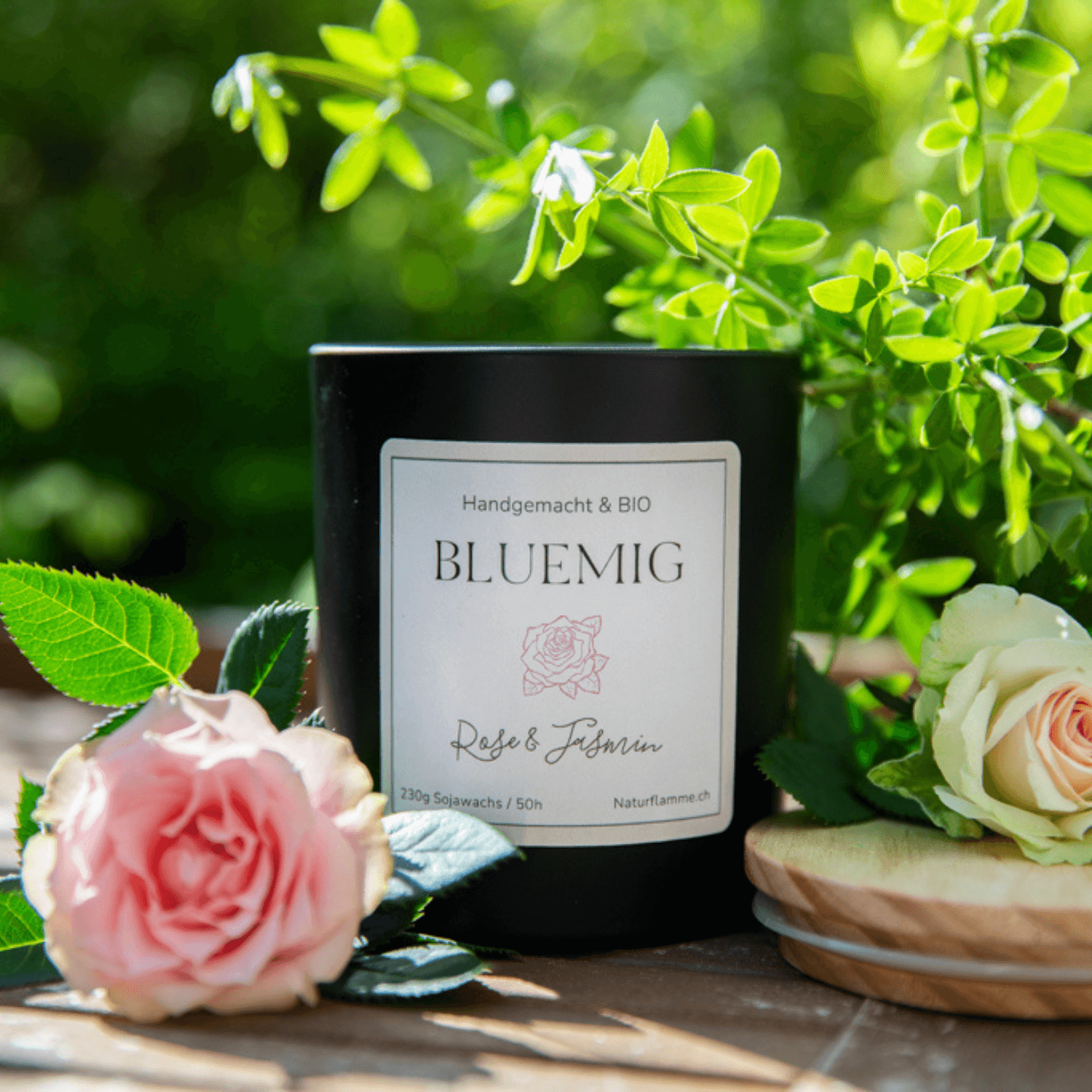 Blumenkerze "Bluemig" Rose & Jasmin Bio