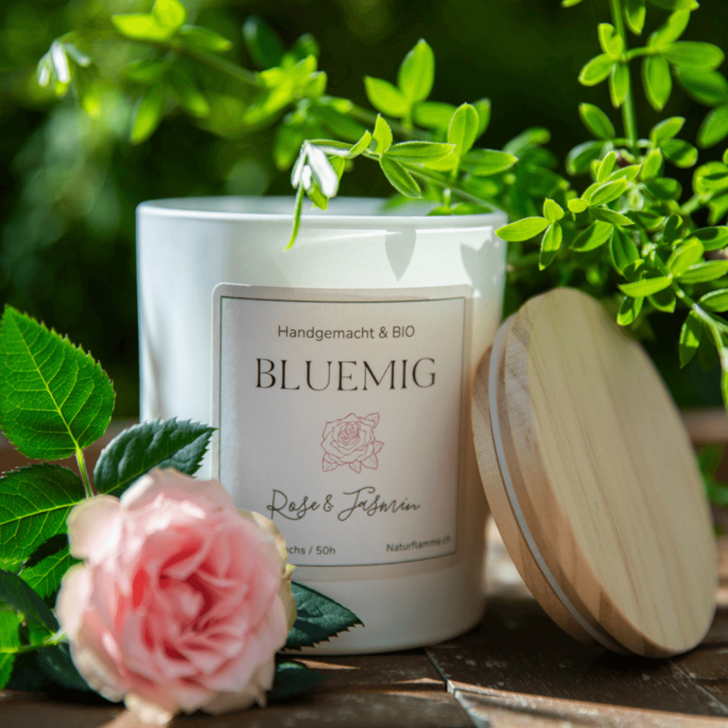 Blumenkerze "Bluemig" Rose & Jasmin Bio