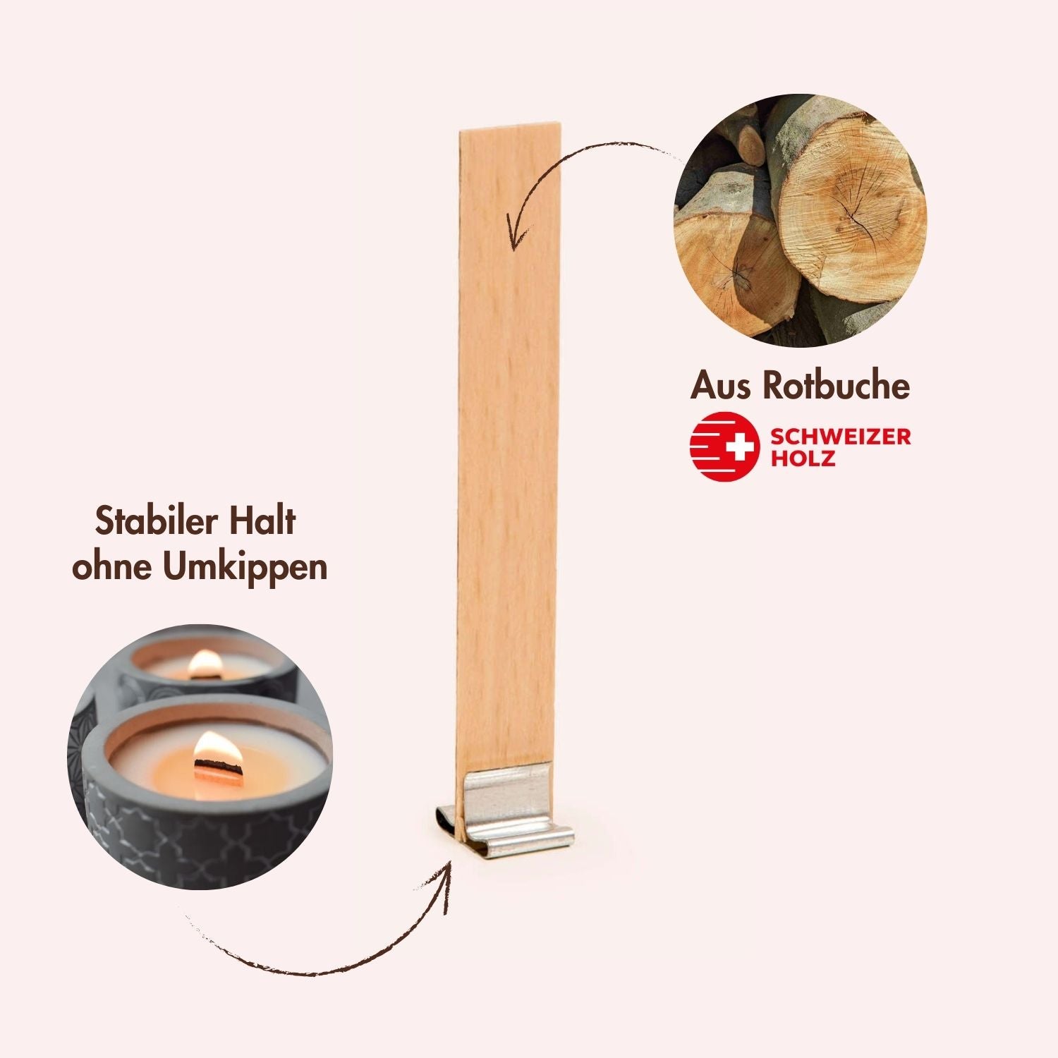 Holzdocht aus Schweizer Rotbuche inkl. Halter aus Metall
