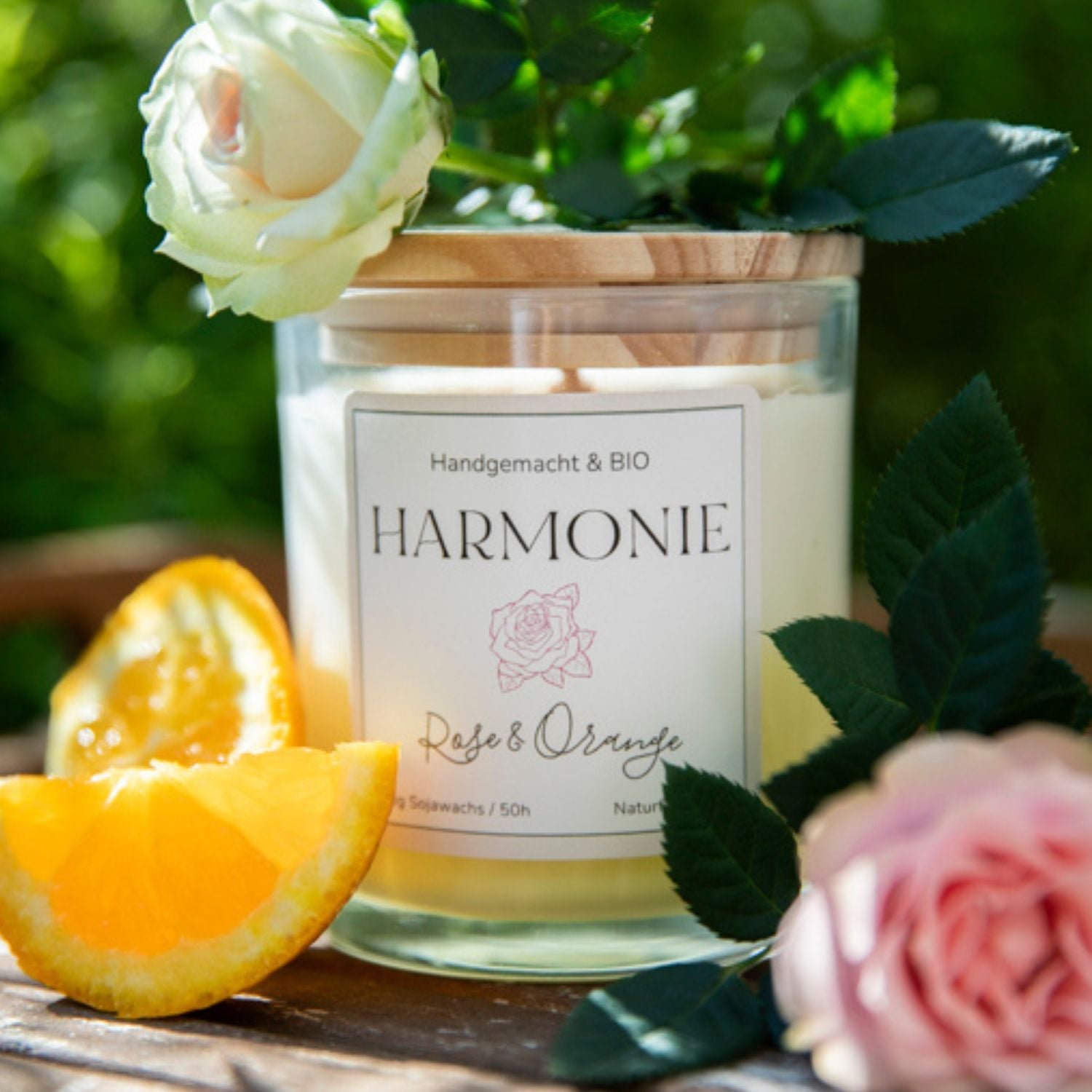 Zweifarbige Duftkerze "Harmonie" Rose & Orange Bio
