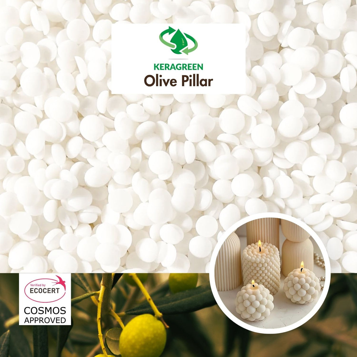 Bio Olivenwachs Keragreen Olive Pillar für Standkerzen