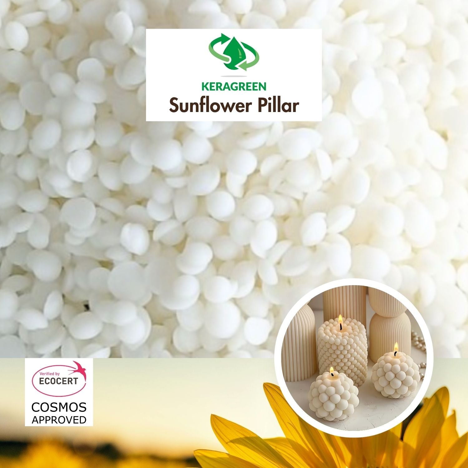 Bio Sonnenblumenwachs Keragreen Sunflower Pillar für Standkerzen