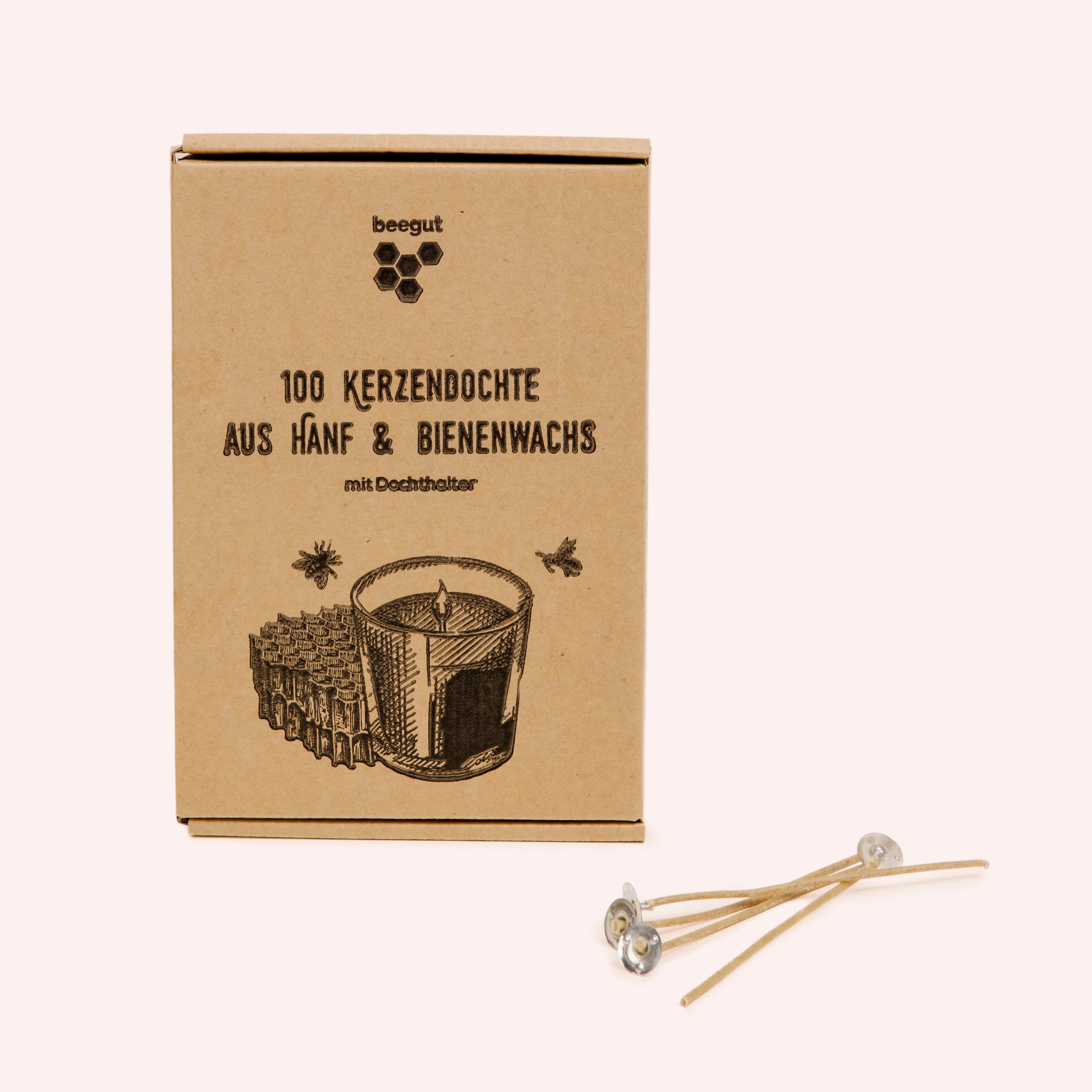 Kerzendochte aus Hanf & Bienenwachs, inkl. Dochthalter aus Metall (100 Stück)
